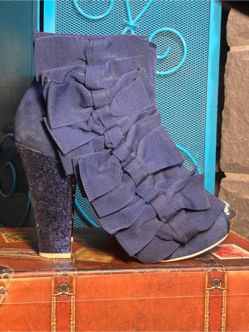 Vintage Irregular Choice peep toe bootie,midnight blue bows,glitter,heels 40/9